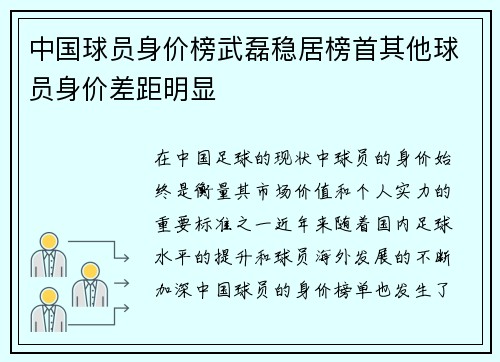 中国球员身价榜武磊稳居榜首其他球员身价差距明显
