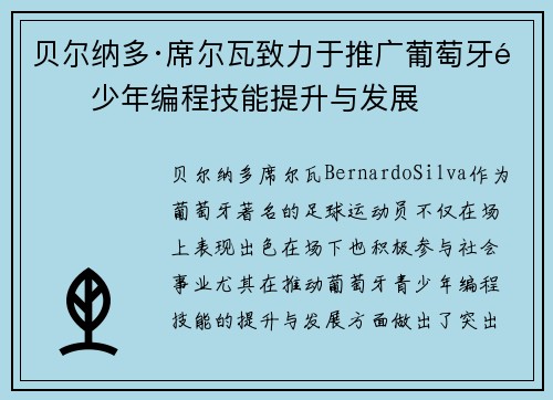 贝尔纳多·席尔瓦致力于推广葡萄牙青少年编程技能提升与发展 贝尔纳多·席尔瓦致力于推广葡萄牙青少年编程技能提升与发展